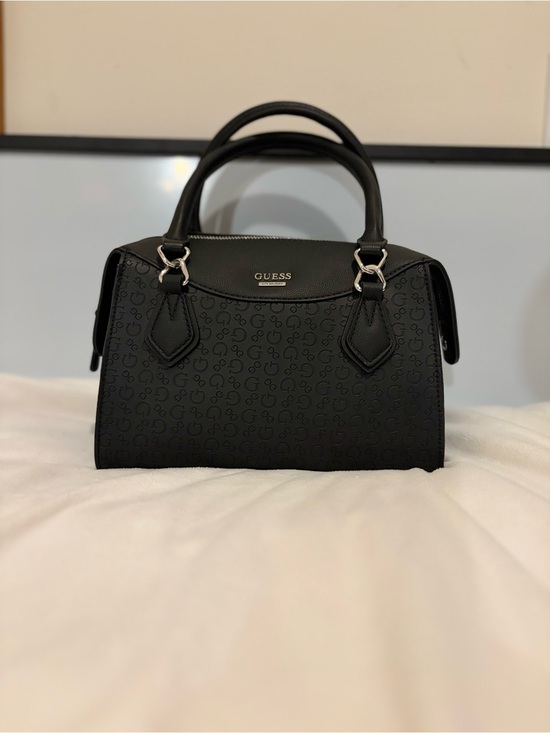 Guess Handbags - GUESS Black Embossed 4G Logo Structured Satchel Handbag With Silver Hardware